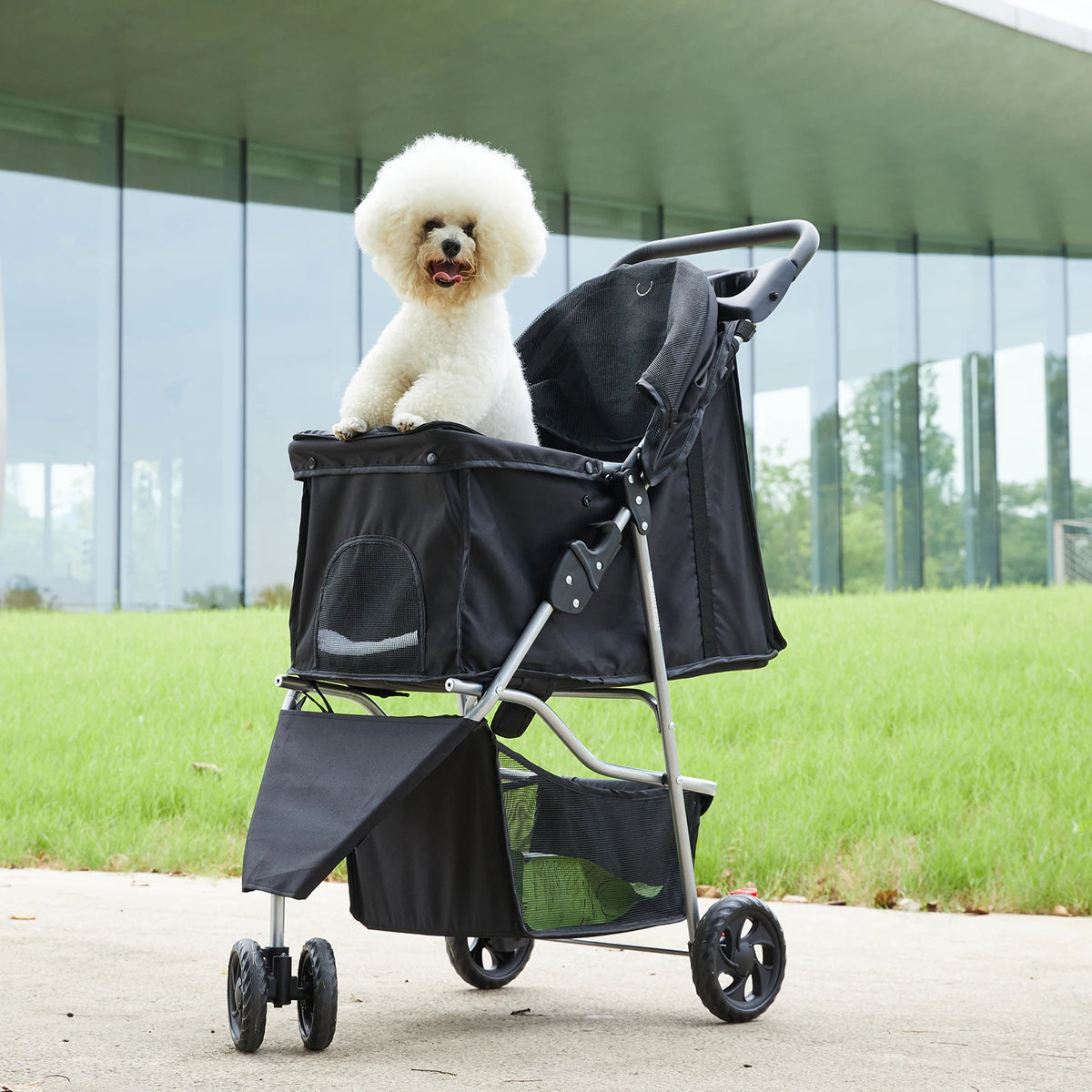 Foldable Pet Stroller with Mesh Windows and Storage Basket for Outdoor Use