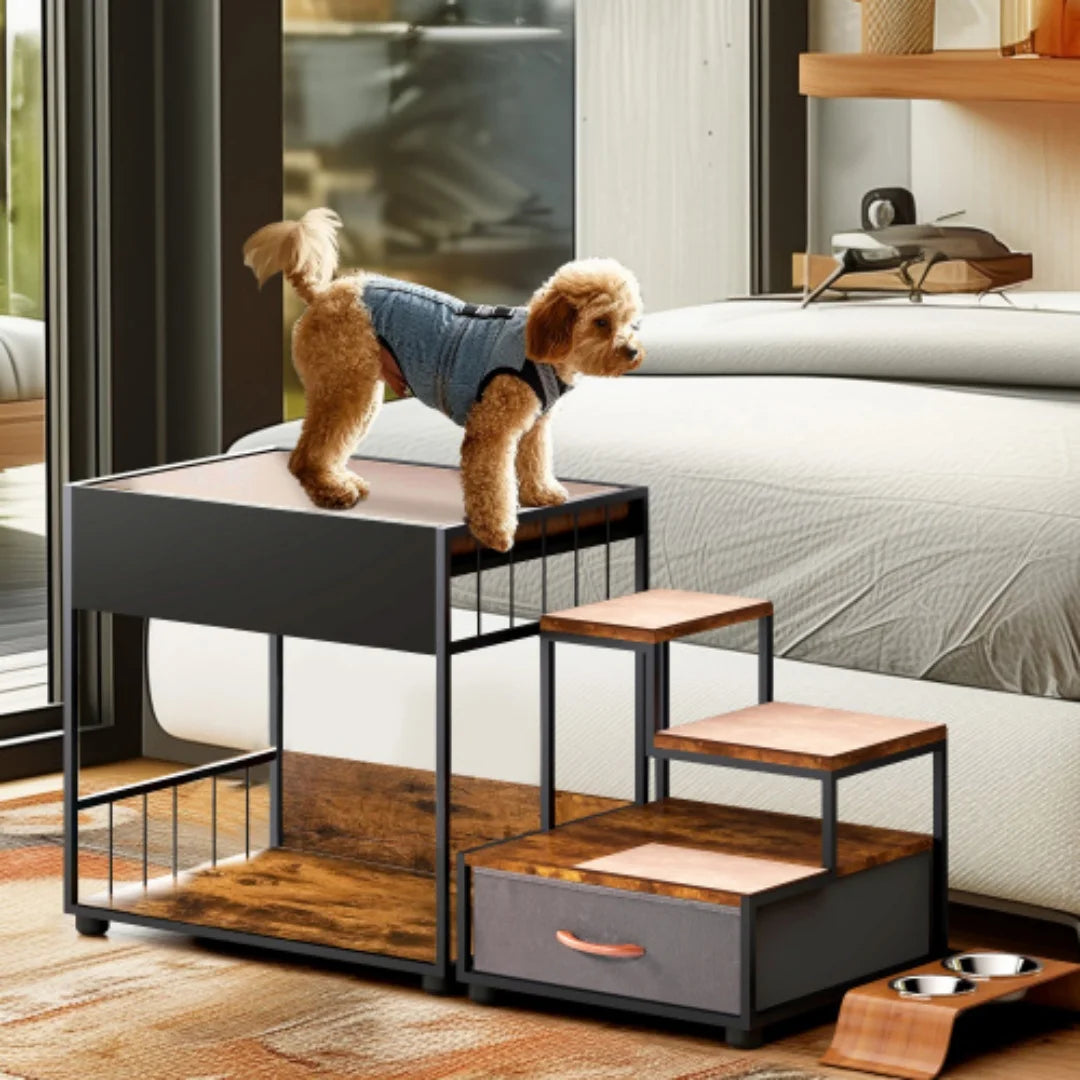 Multi Level Dog Bunk Bed With Steps And Storage Drawer