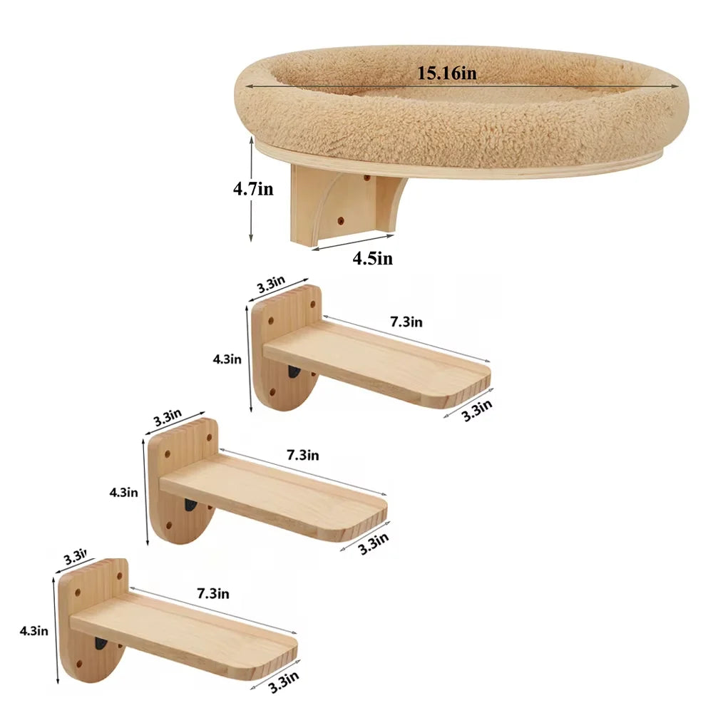 CWV Solid Pine Wood Cat Wall Mounted Ladder And Hammock
