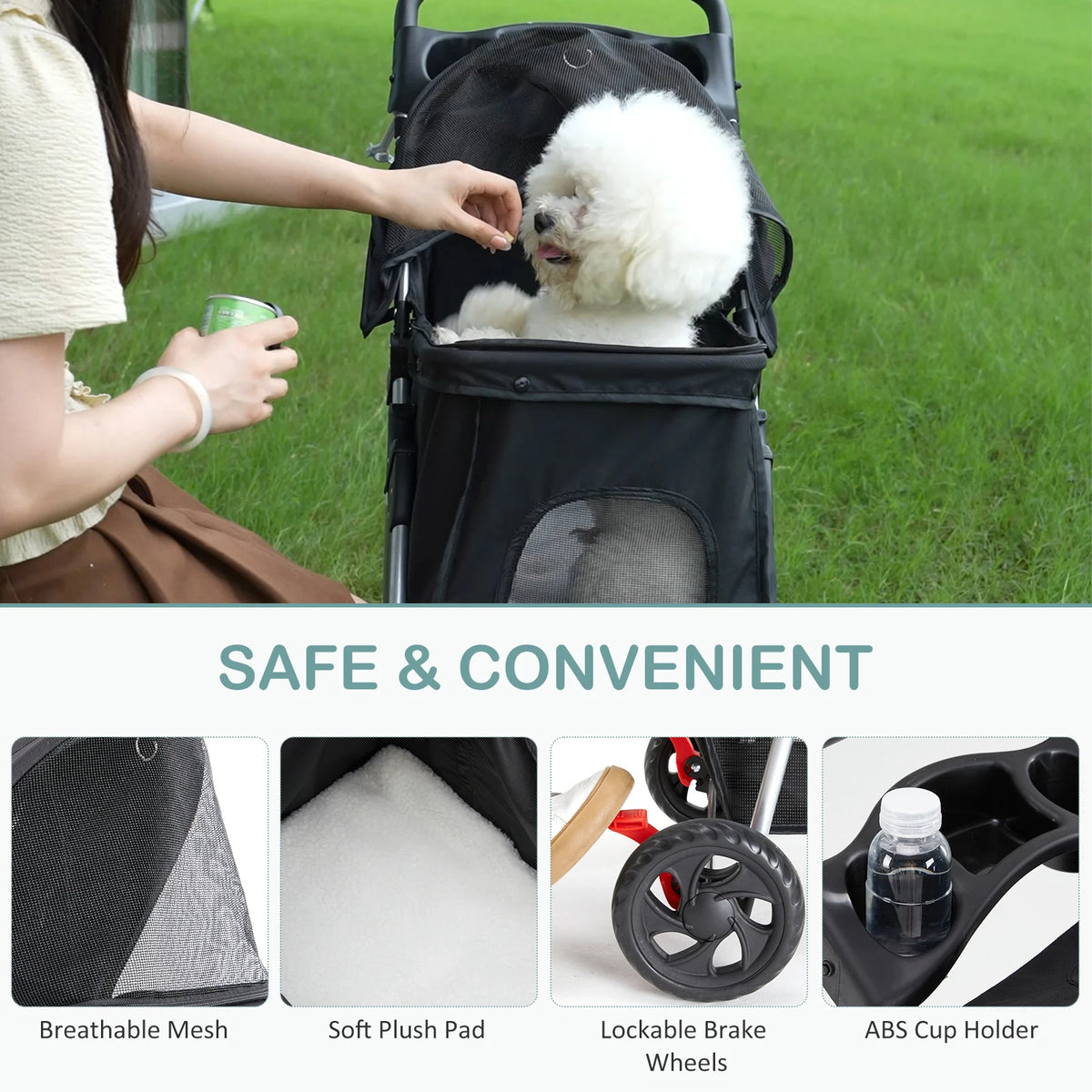 Foldable Pet Stroller with Mesh Windows and Storage Basket for Outdoor Use