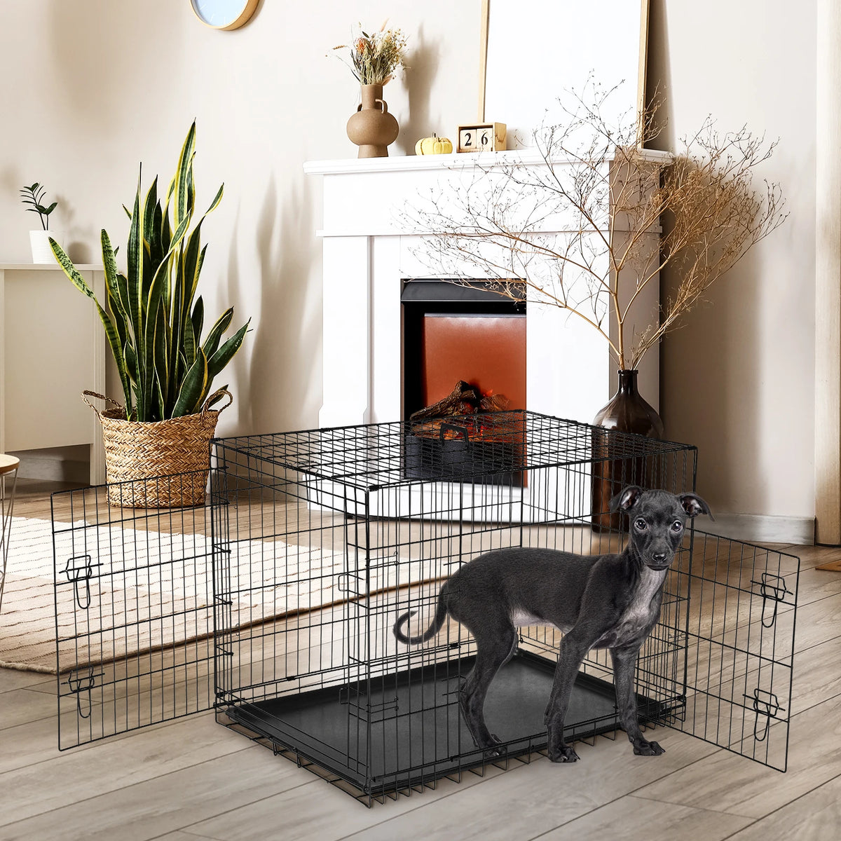 JHK Folding Metal Double Door Dog Crate With Removable Tray