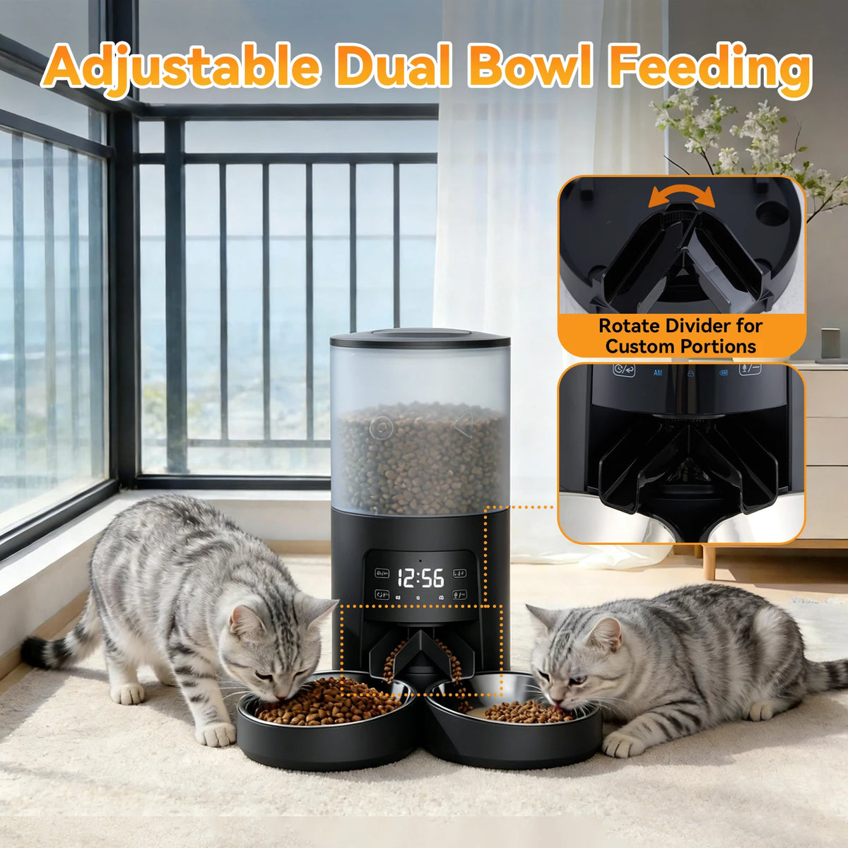 Automatic Cat Feeder Dual Stainless Bowls Timed Function Dual Power