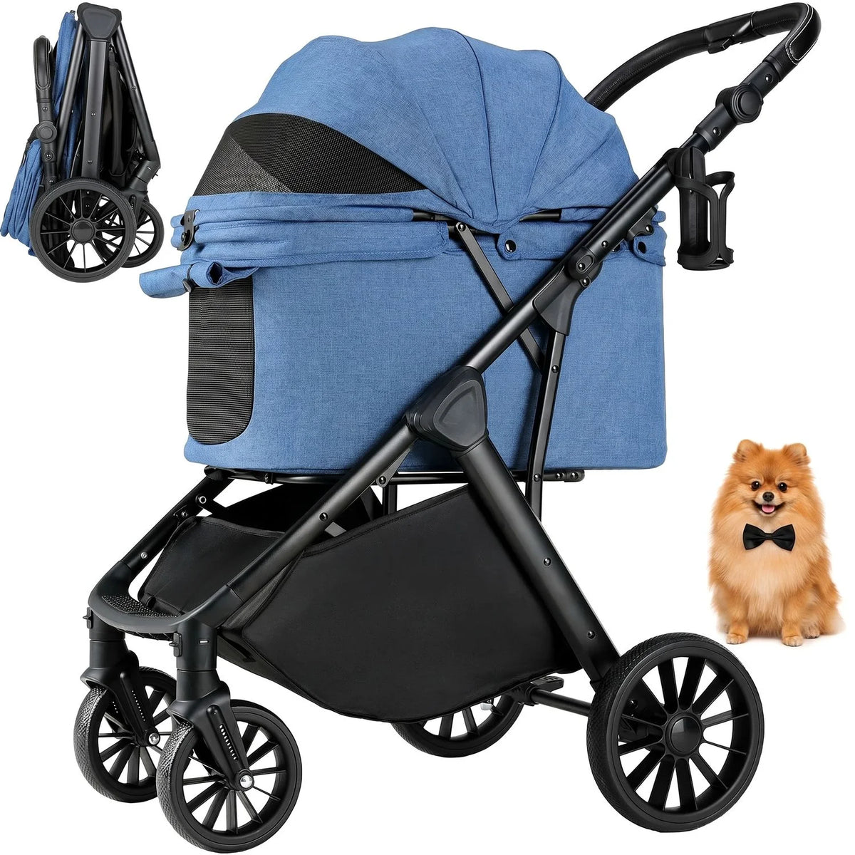 Foldable Pet Stroller With Sun Shade, Shock Absorbers And Carrier