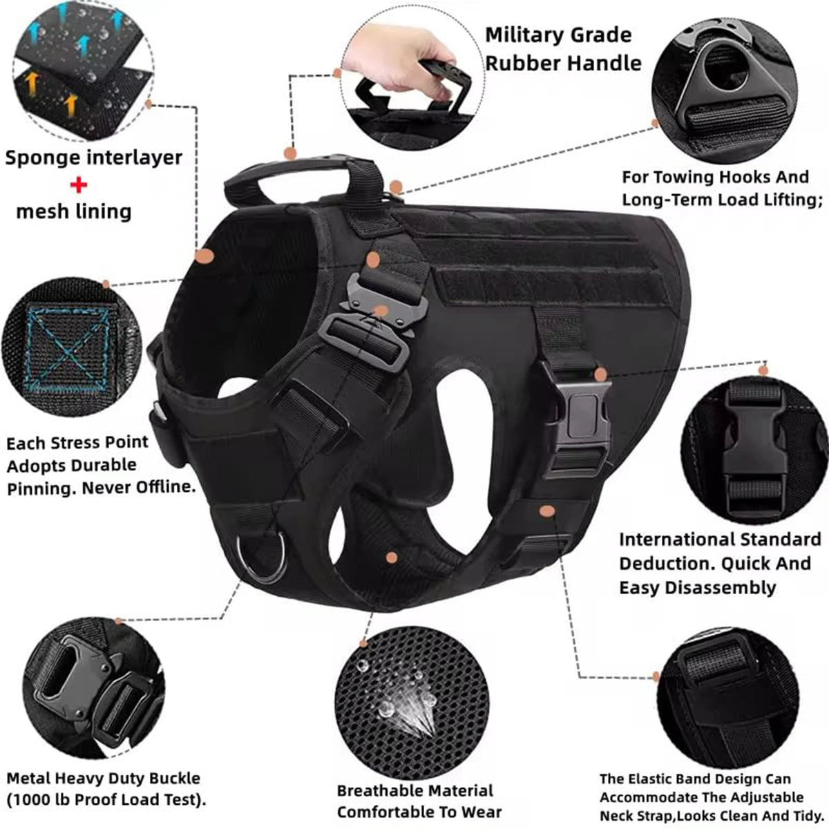 PETRAVEL Tactical Dog Harness Collar And Leash With Molle Pouches