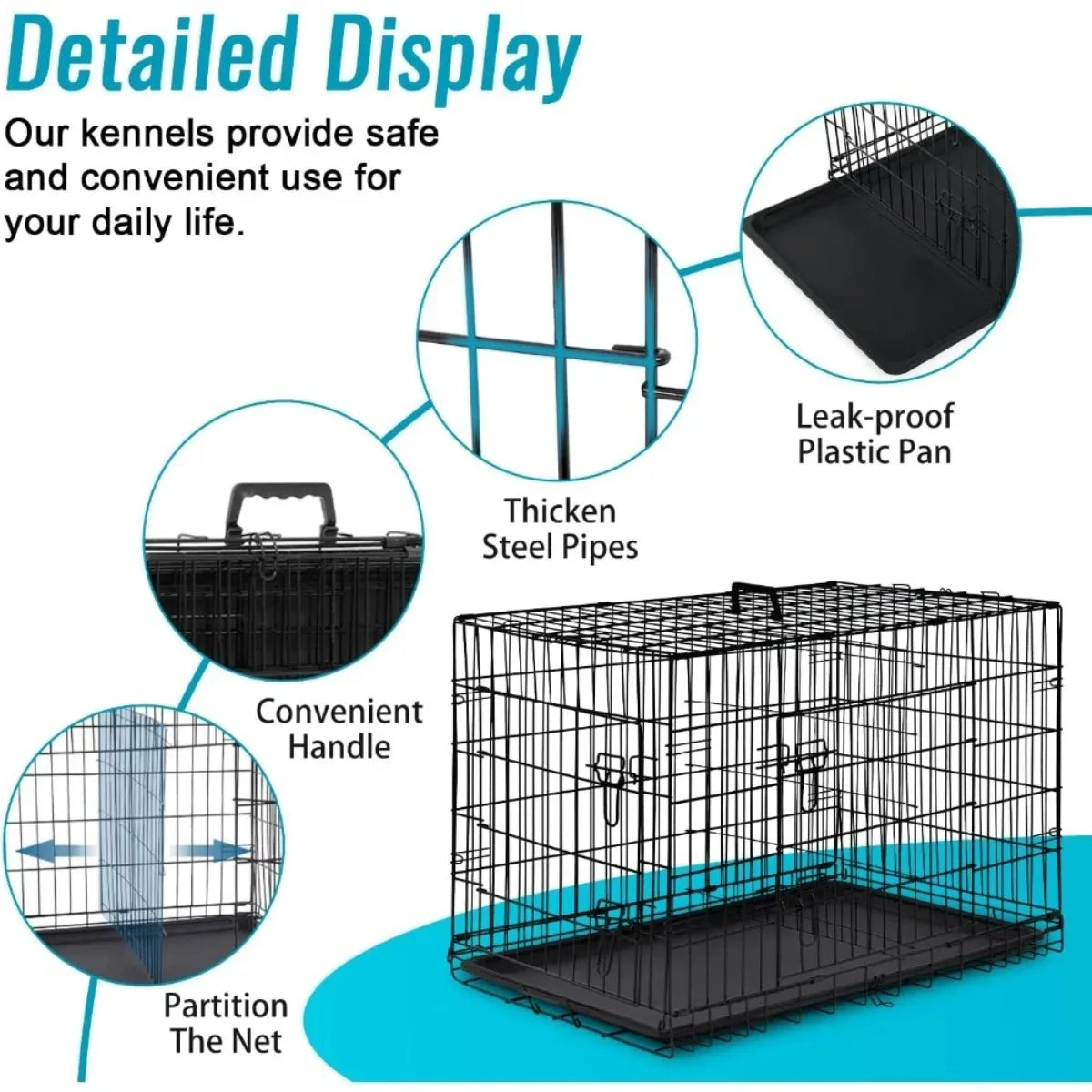 XI UWO Foldable Metal Dog Crate With Double Doors And Divider Tray