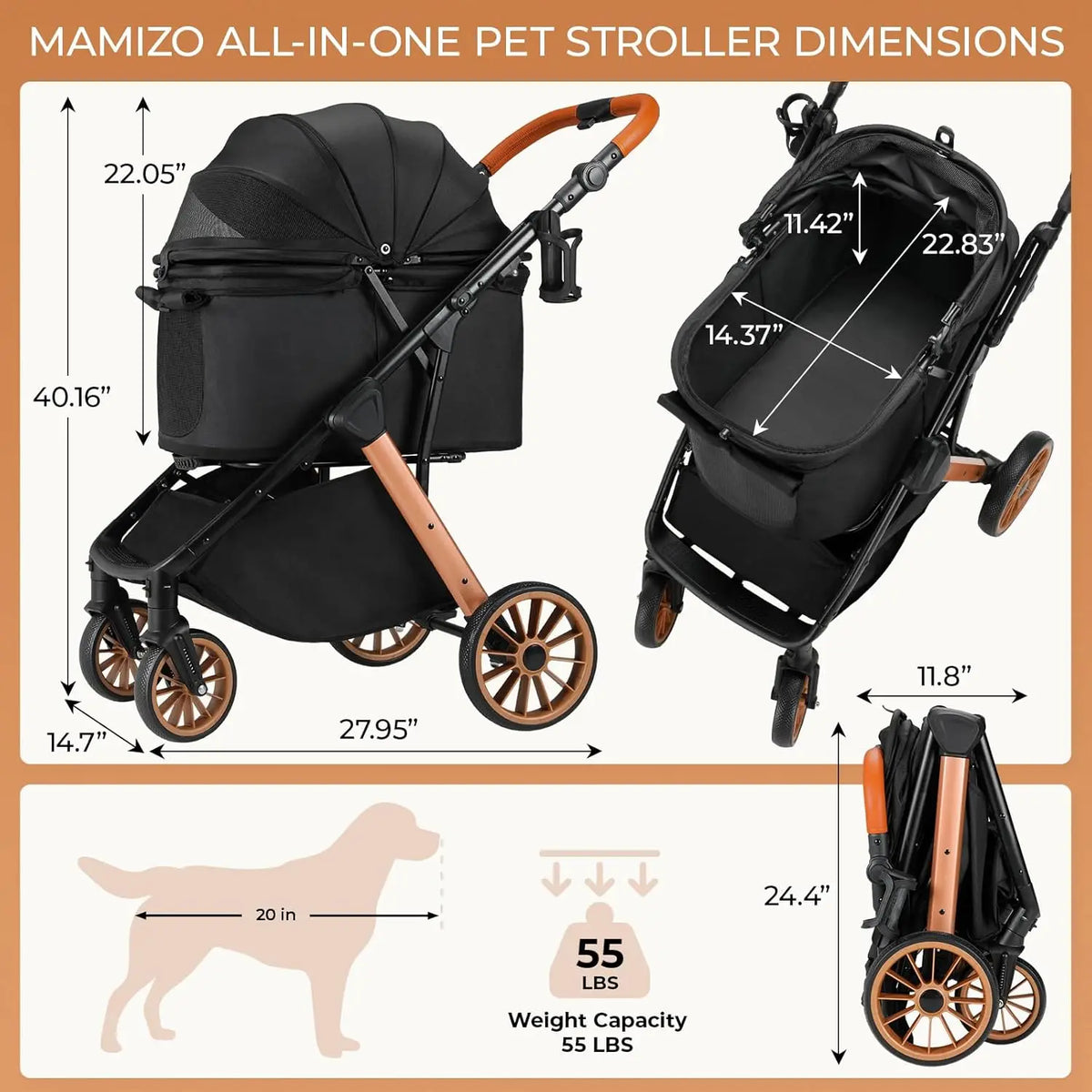 Foldable Pet Stroller With Sun Shade, Shock Absorbers And Carrier