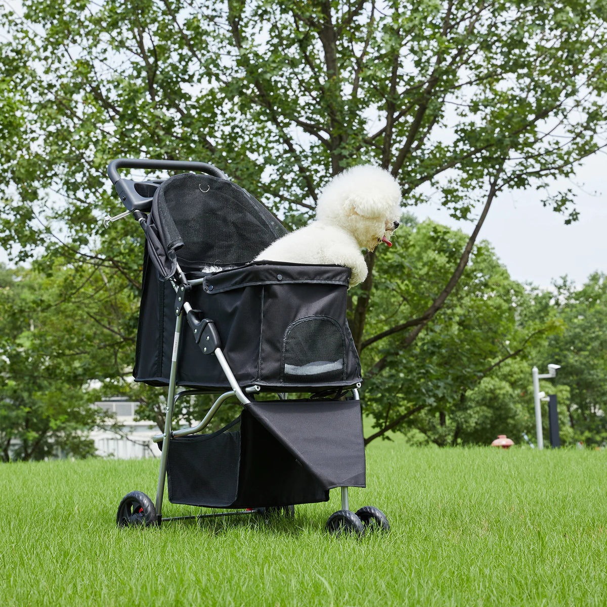 Foldable Pet Stroller with Mesh Windows and Storage Basket for Outdoor Use