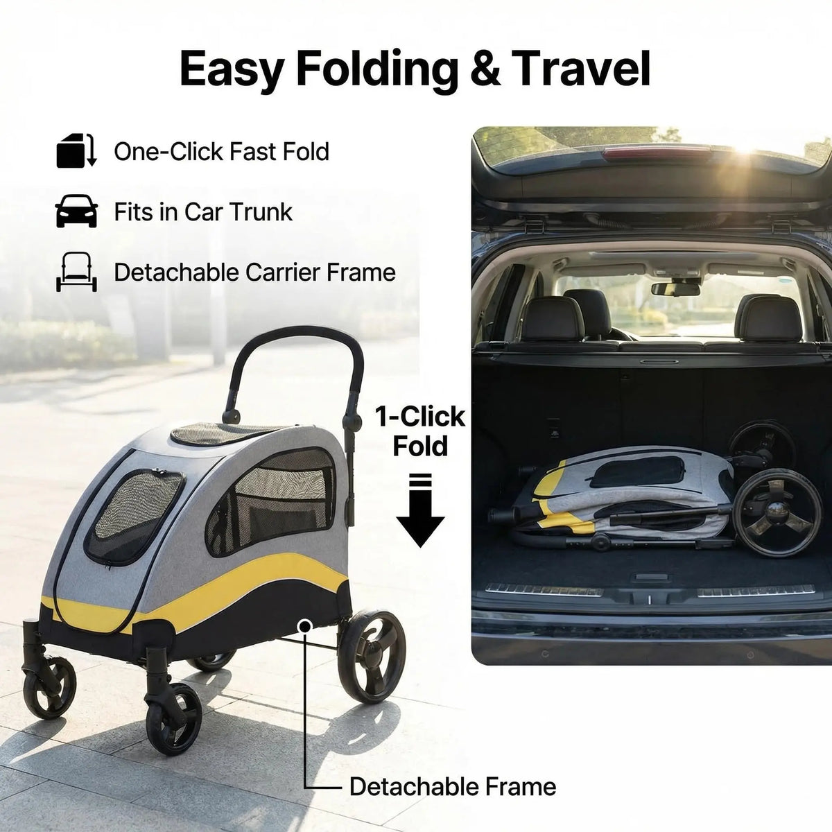 Heavy Duty Collapsible Dog Stroller With Swivel Shock Absorbing Wheels
