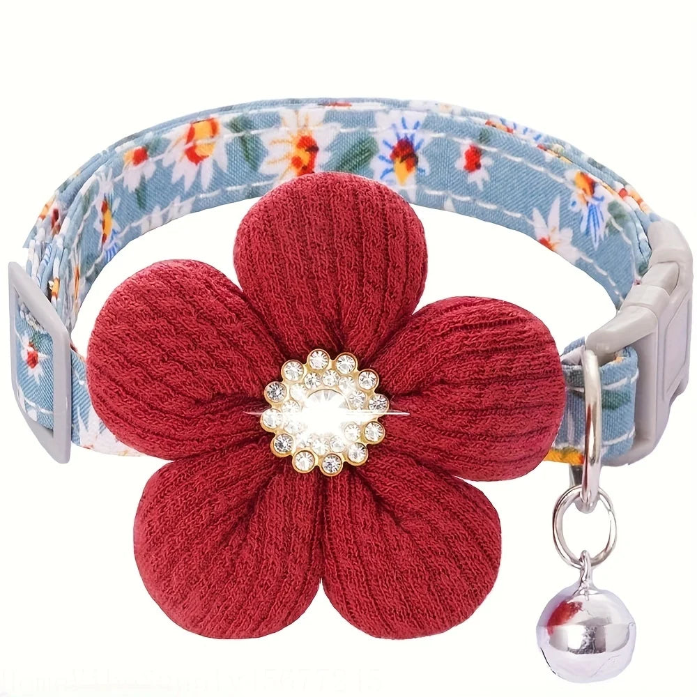 Soft Adjustable Floral Pet Collar with Flower Charm and Bell