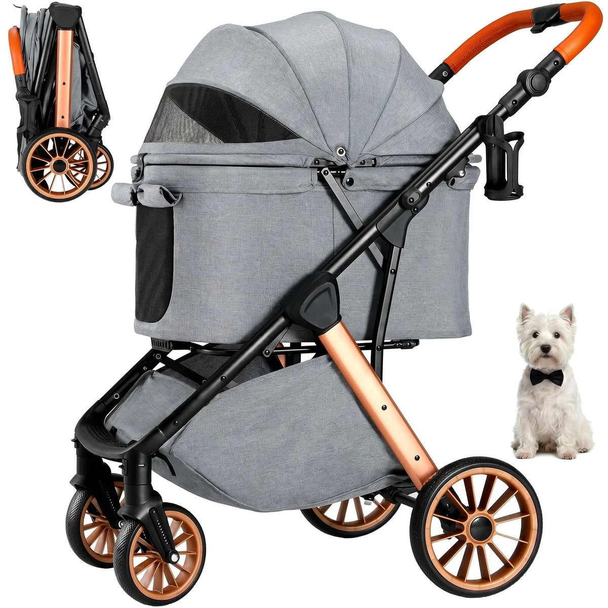 Foldable Pet Stroller With Sun Shade, Shock Absorbers And Carrier