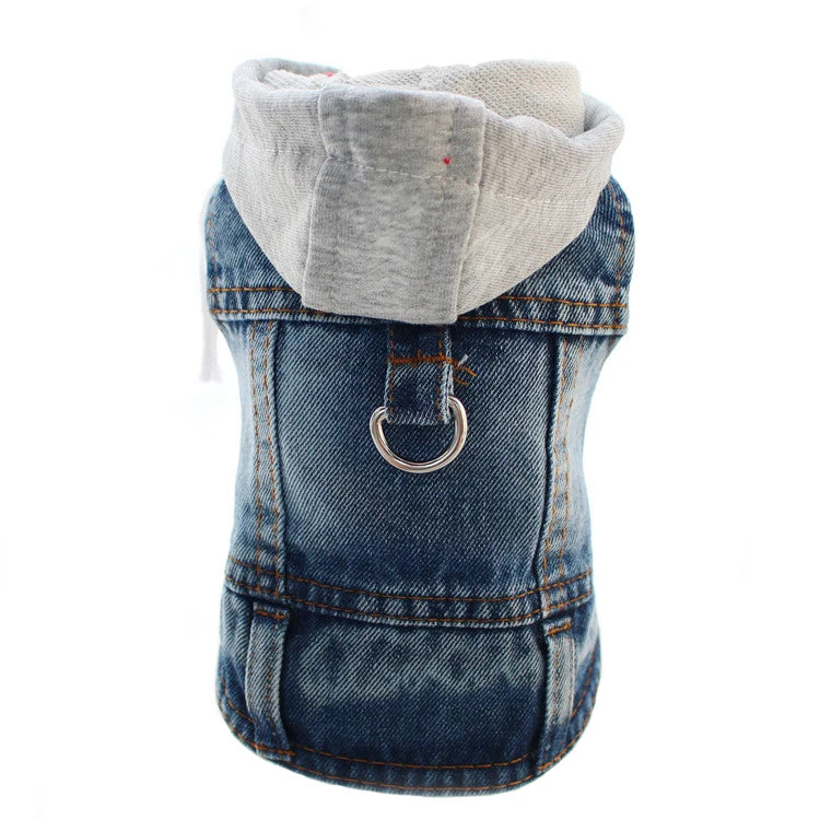 Hoopreety Dog Denim Harness Jacket Vest With Hood and Leash Ring
