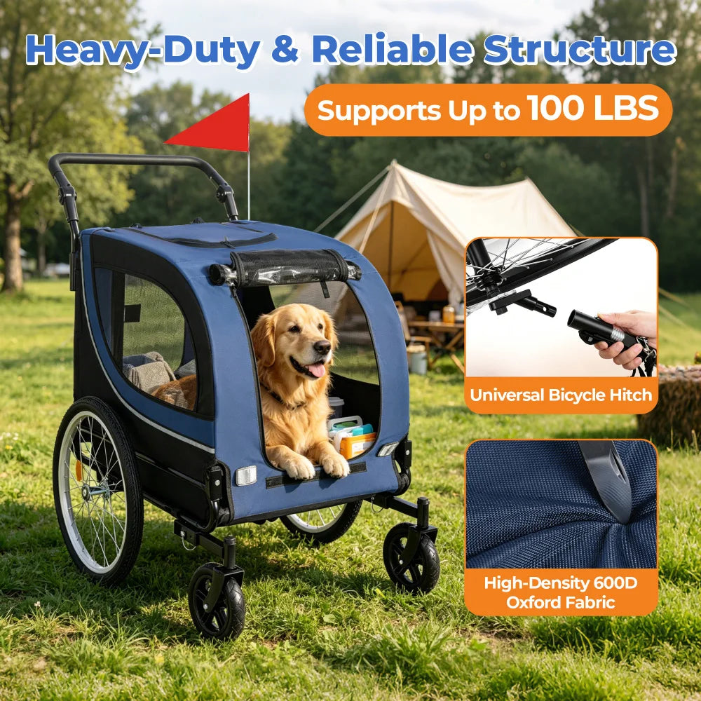 Foldable 2-in-1 Pet Bike Trailer and Stroller for Dogs