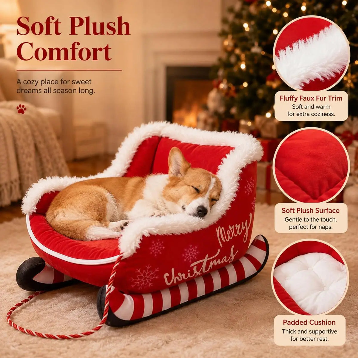 Christmas Dog Sleigh Sofa Bed With Plush Raised Sides for Pets