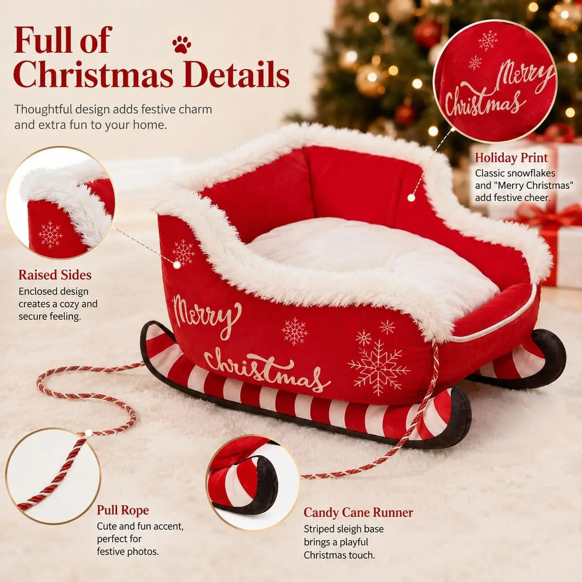 Christmas Dog Sleigh Sofa Bed With Plush Raised Sides for Pets