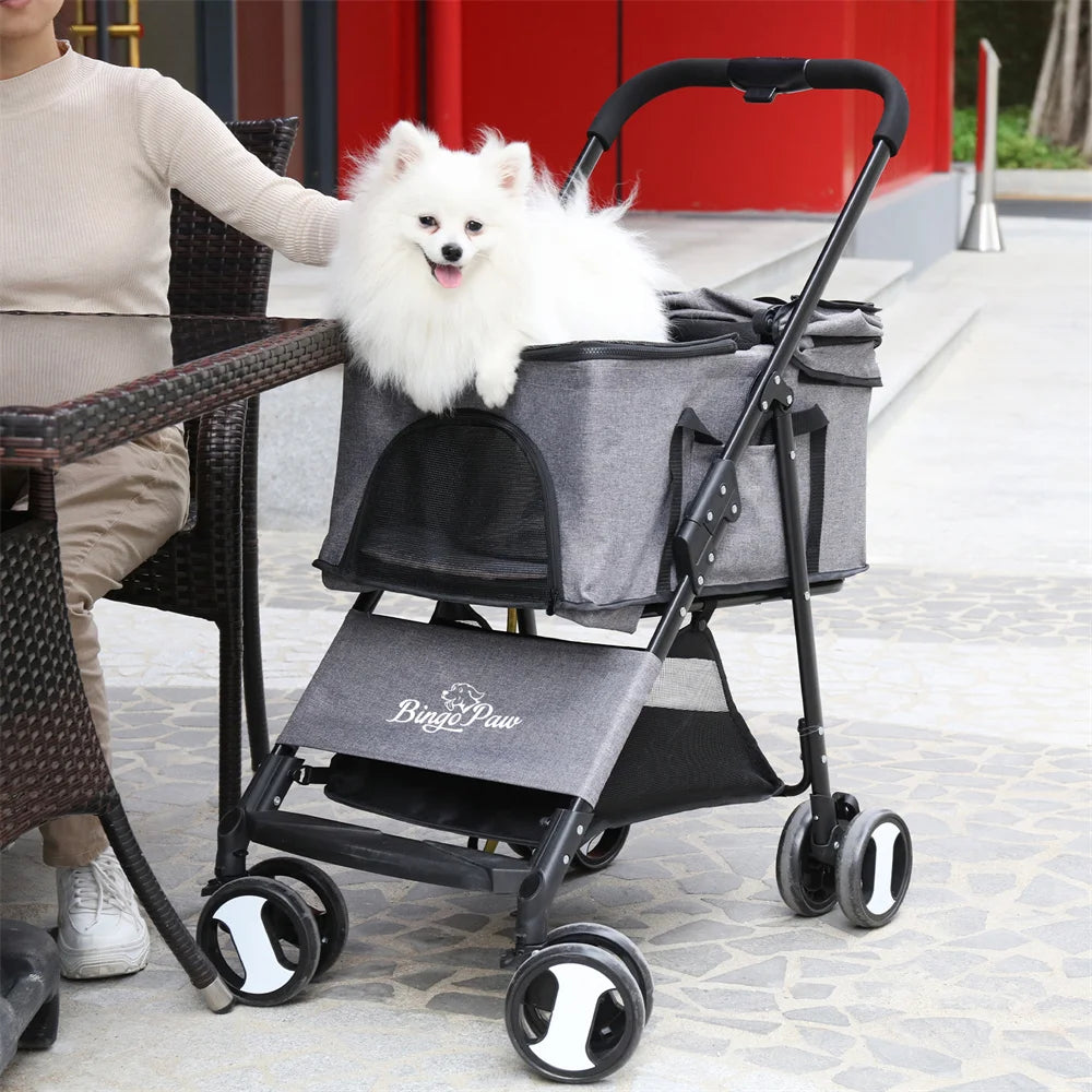 Foldable Pet Stroller With Rain Cover And Storage Basket
