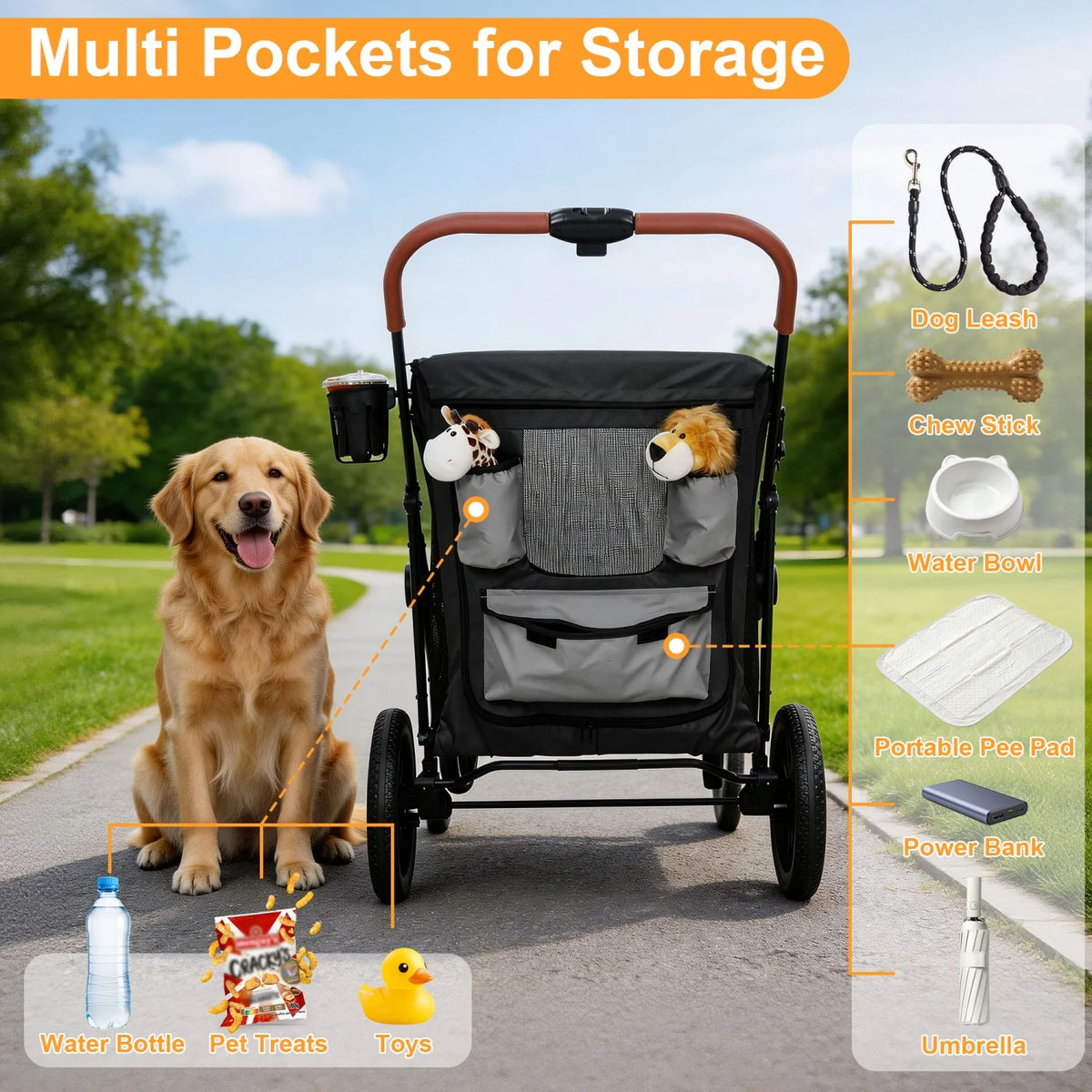 Folding Dog Stroller With Storage For Outdoor Pet Travel