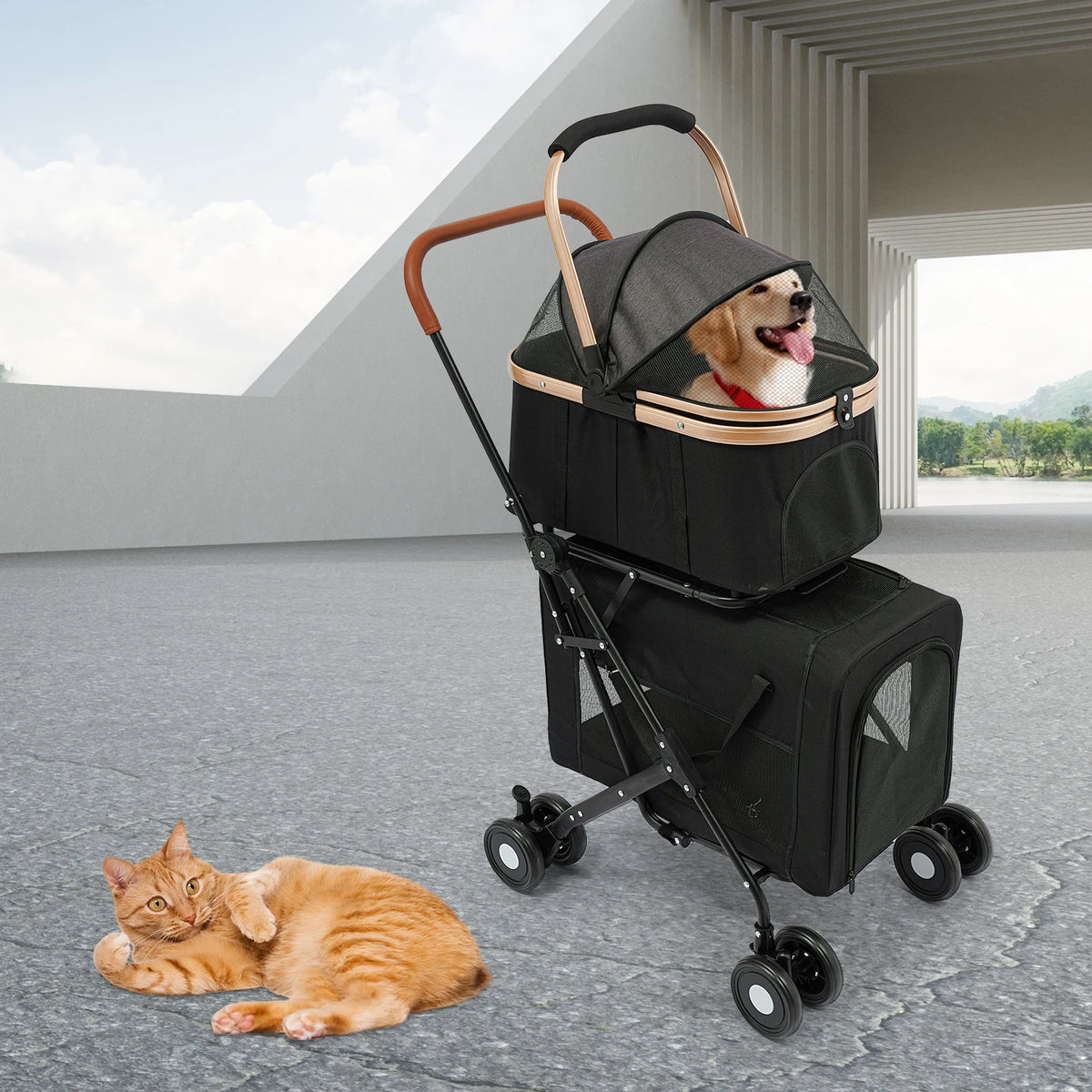 Bymaocar Foldable Two Tier Pet Stroller for Dogs and Cats