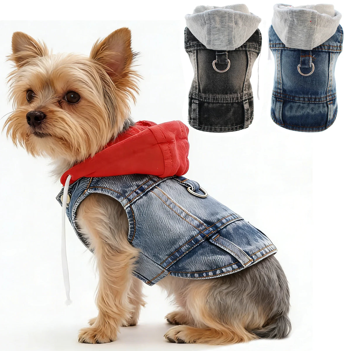 Hoopreety Dog Denim Harness Jacket Vest With Hood and Leash Ring