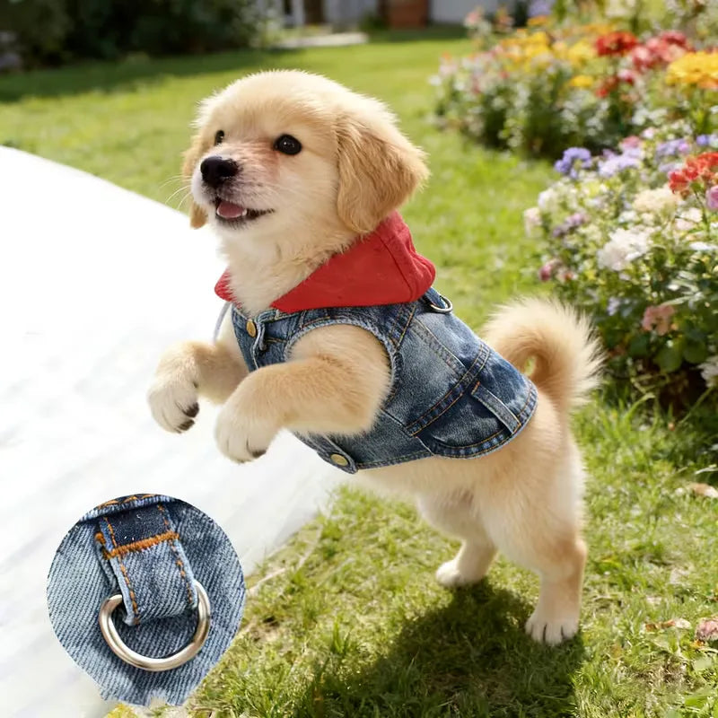 Hoopreety Dog Denim Harness Jacket Vest With Hood and Leash Ring
