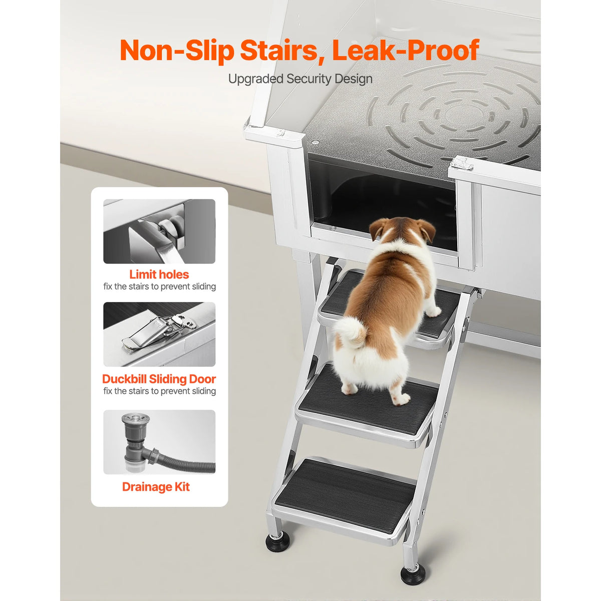 Stainless Steel Dog Grooming Tub With Faucet And Wall Storage Shelf