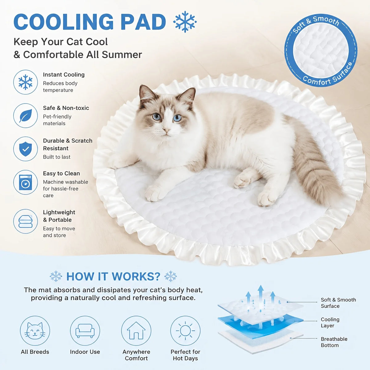 Breathable Ruffled Ice Silk Cooling Pet Mat For Cats And Dogs
