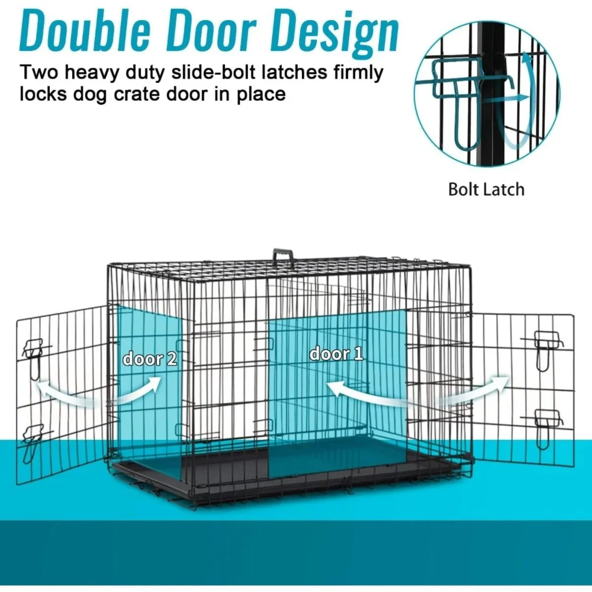 XI UWO Foldable Metal Dog Crate With Double Doors And Divider Tray