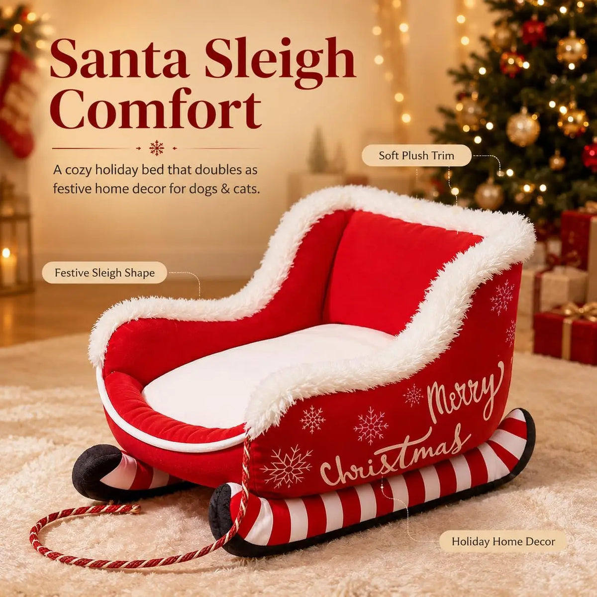 Christmas Dog Sleigh Sofa Bed With Plush Raised Sides for Pets