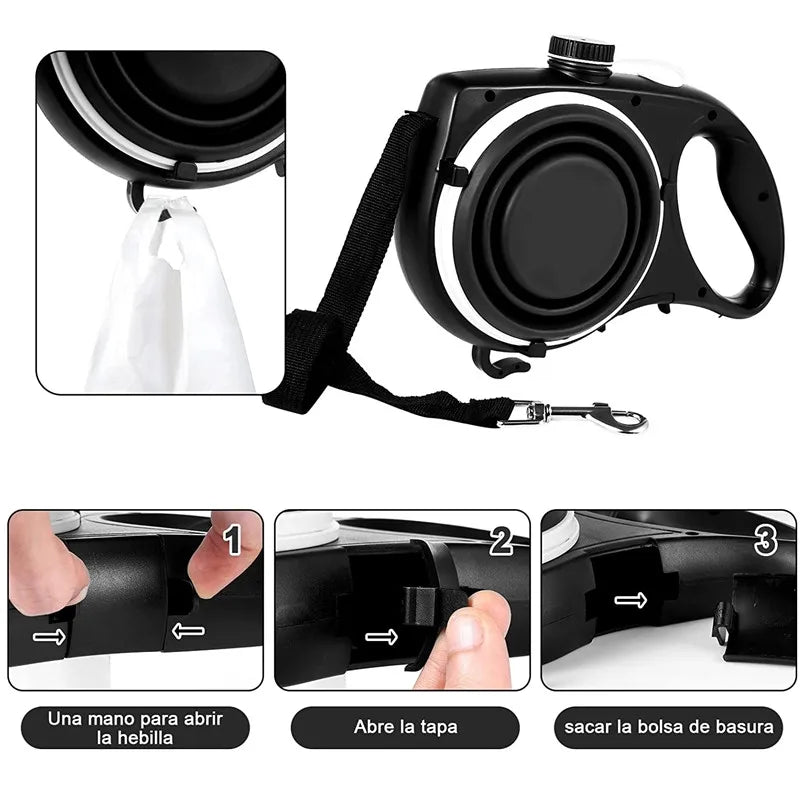 Dog Leash With Water Bottle Bowl And Waste Bag Dispenser